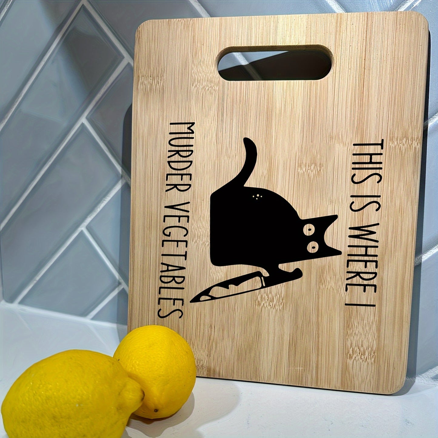 1pc, Cutting Board, Engraved Cutting Board, This Is Where I Murder My Vegetables, Cat Cutting Board, Laser Engraved Funny Bamboo Cutting Board, Humorous Wooden Cutting Board, Kitchen Decor, Creative Housewarming Gift For Frie