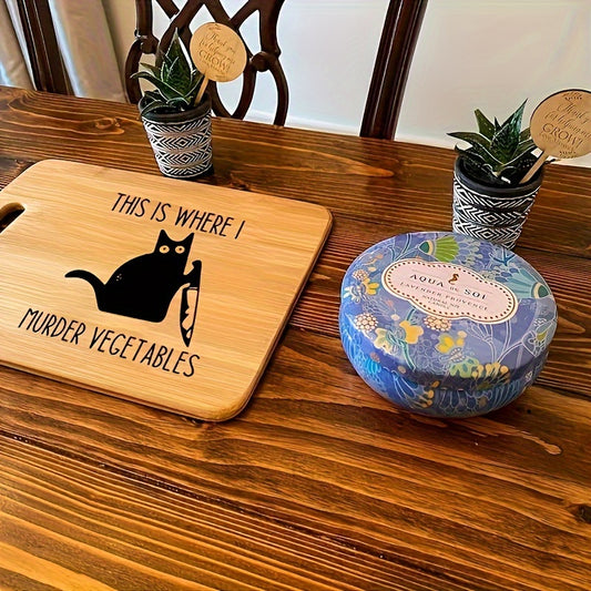 1pc, Cutting Board, Engraved Cutting Board, This Is Where I Murder My Vegetables, Cat Cutting Board, Laser Engraved Funny Bamboo Cutting Board, Humorous Wooden Cutting Board, Kitchen Decor, Creative Housewarming Gift For Frie