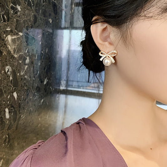 18K Gold Plated Bow Rhinestone Pearl Stud Earrings Women's Elegant Jewelry Women's Accessories